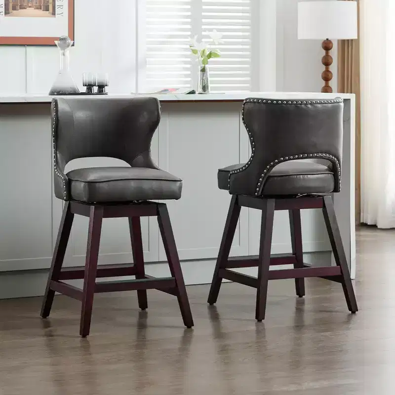 Swivel Nailhead Counter Bar Stools Set of 2 Upholstered 360° Solid Wood Legs 26