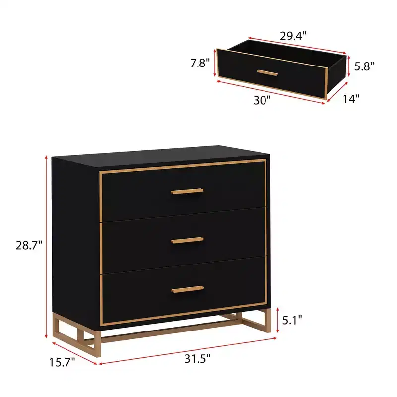 3-Drawer Modern Nightstand with Open Metal Frame, Black & Gold Finish, 28.7