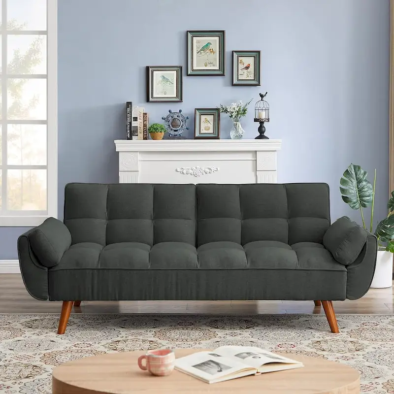 Futon bed Velvet Sofa, Adjustable Backrest Convertible Sleeper Futon Loveseat with Tapered Wood Legs for Living Room, Bedroom