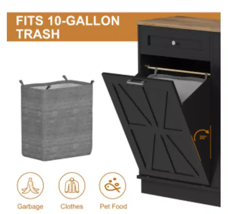 Melamine Board Kitchen Trash Cabinet with Rice Pattern Fabric Bag,