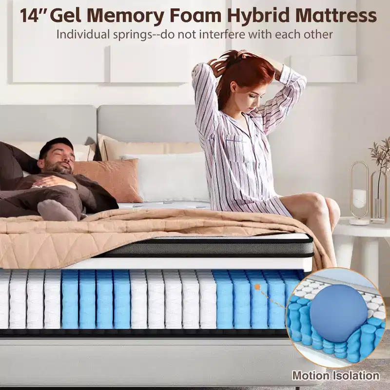 14 Inch Queen Mattress, Gel Memory Foam Hybrid Mattress in a Box, Pocket Spring Support w/ Motion Isolation & Pressure Relief,Medium Firm,CertiPUR-US