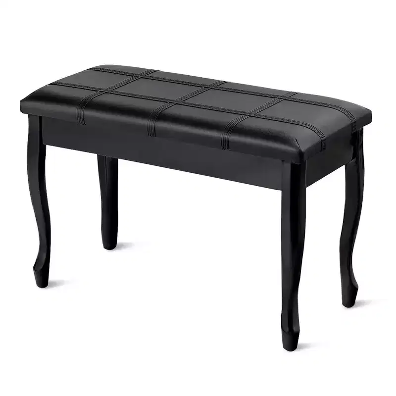 PU Leather Wood Piano Bench with Storage – Double Seat, Black
