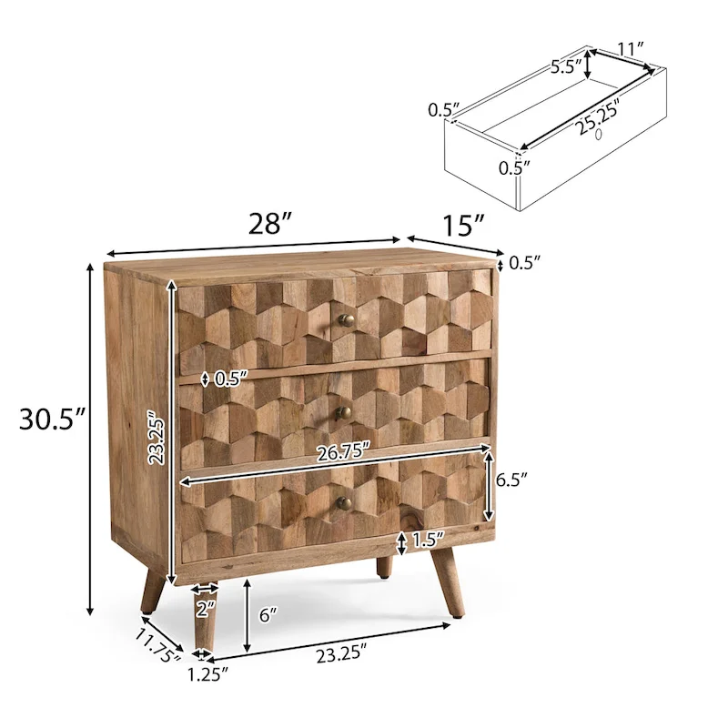 Latona Mid-Century Modern Handcrafted Mango Wood 3 Drawer Chest by Christopher Knight Home