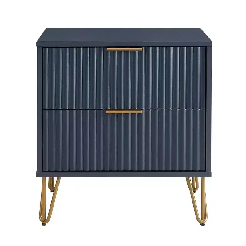Manhattan Comfort Dumbo 2 Drawer Nightstand Midnight Blue: Modern MDF Bedside Furniture with Metal Glides