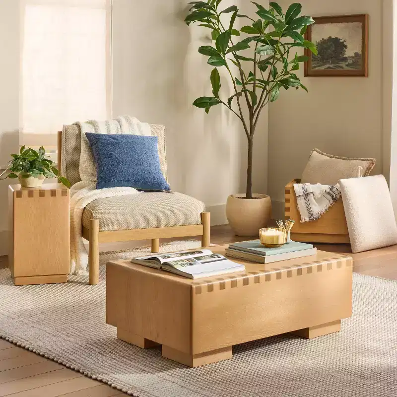 Coffee Table, Natural Light Brown Poplar Wood with Soft-Edge Design