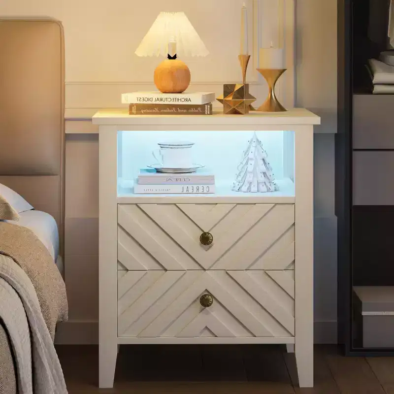 White Farmhouse Nightstand with 2 Storage Drawers Lighting Open Shelf Sturdy Wooden Legs Bedside Table for Bedroom Living Room Office