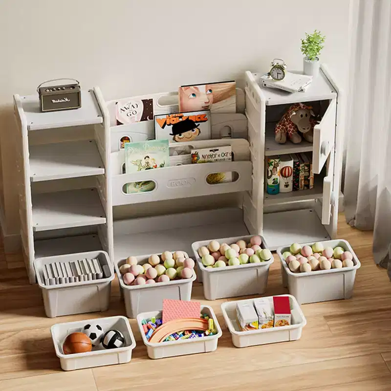 Rene Modern Kids Storage Cabinet with 8 Removable Toy Bins, 4-Tier Bookshelves and 2 Doors