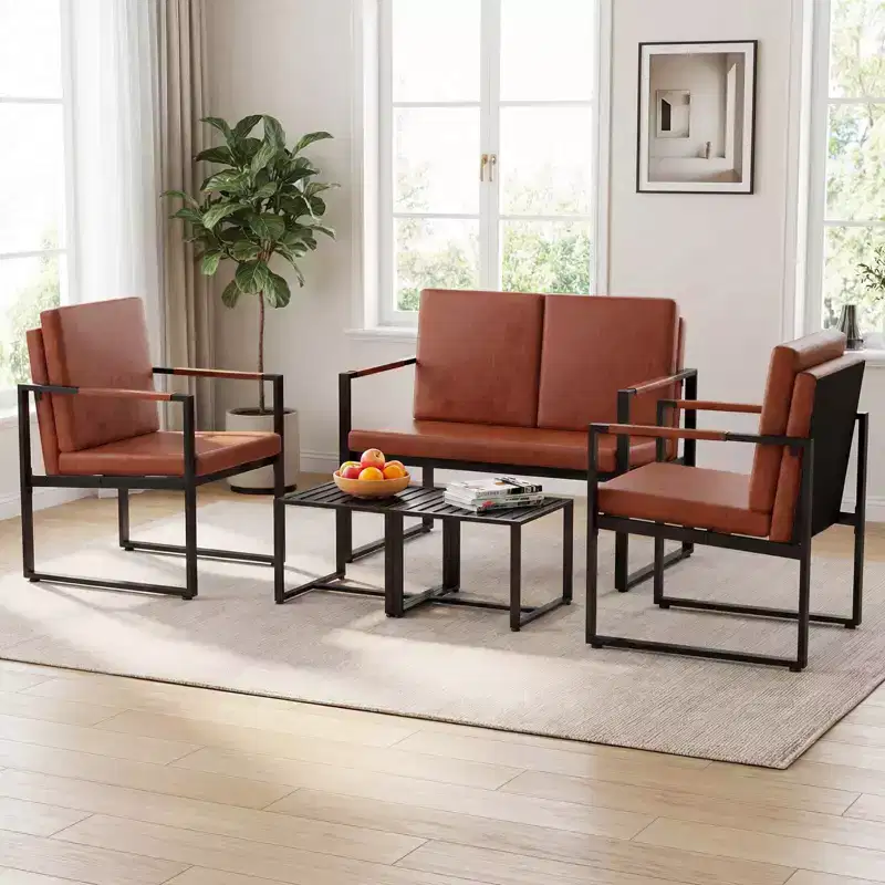Modern 2-Seater Loveseat Sofa with Solid Metal Frame & Removable Back Cushions, Brown/Gray + Black