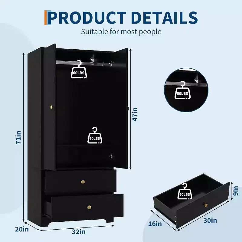 Armoire Wardrobe Closet, 71 Wood Clothing Storage Cabinets, 1 Adjustable Shelf and 2 Drawers, Wardrobe Cabinet with Hanging Rod for Bedroom