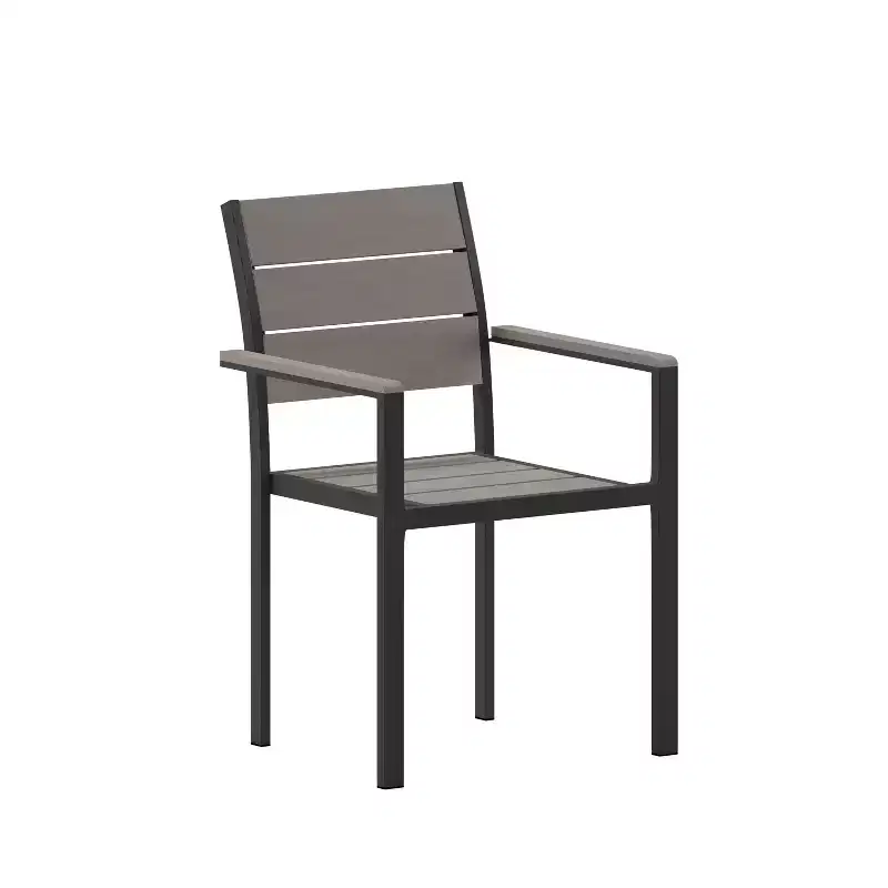 Emma and Oliver Outdoor Stacking Side Chair with Faux Teak Poly Slat Seat, Back and Arms and Metal Frame