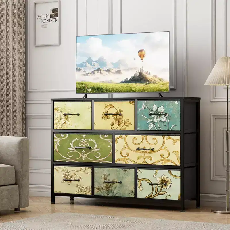 Large 8 Drawer Wide Dresser Chest Of Drawers Vintage Style Fabric Storage Organizer Metal Frame Wood Top For Bedroom Hallway Entryway Home Furniture