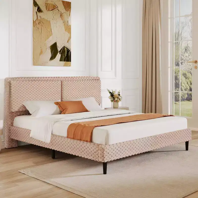 Queen/King Size Upholstered Bed Frame with Soft Backrest, Wood Platform Bed Frame for Bedroom - ModernLuxe