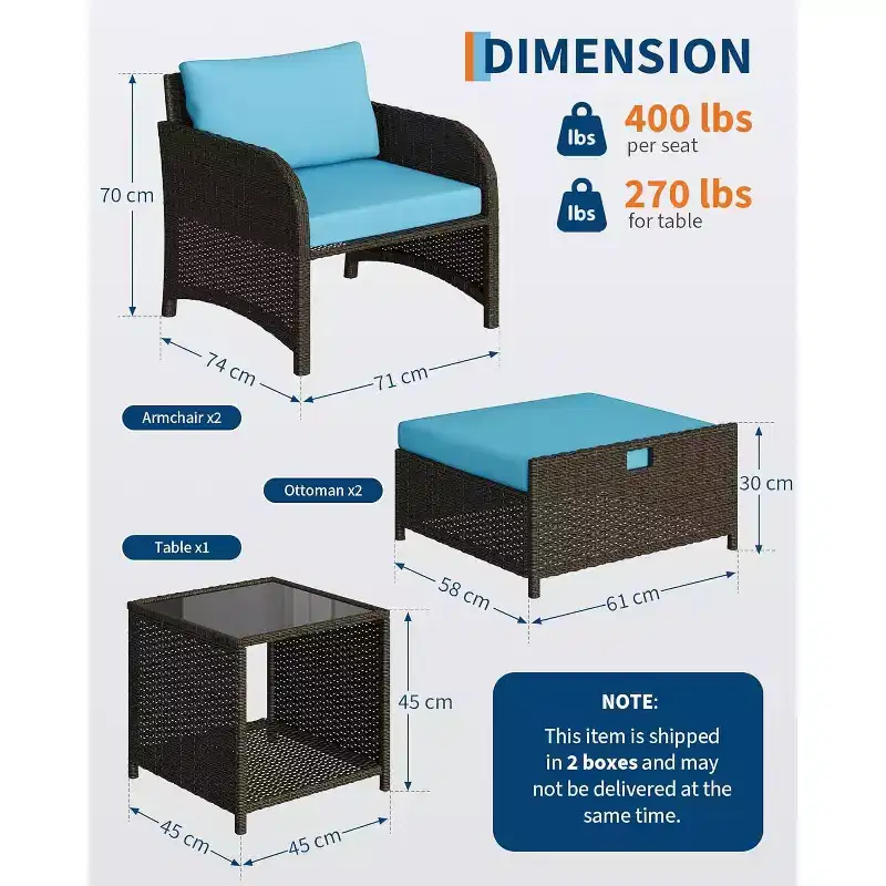 5-Piece PE Rattan Outdoor Seating Set With Ottomans and Glass Tabletop for Patio, Garden, Balcony