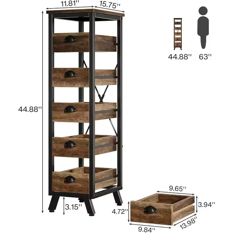 Wood Fruit and Vegetable Storage Rack, Narrow Snack Stand, Pull-Out Utility Organizer for Kitchen, Living Room, Rustic Brown