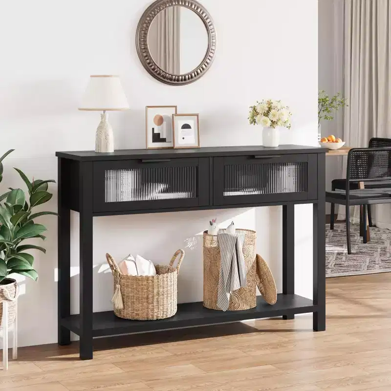 2-Tier Console Table with 2 Glass Drawers – Black / Brown / Wood