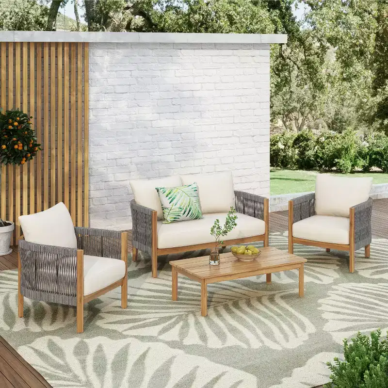 Christopher Knight Home Gillian 4 Pieces Patio Rope Weaving Acacia Wood Seating Set