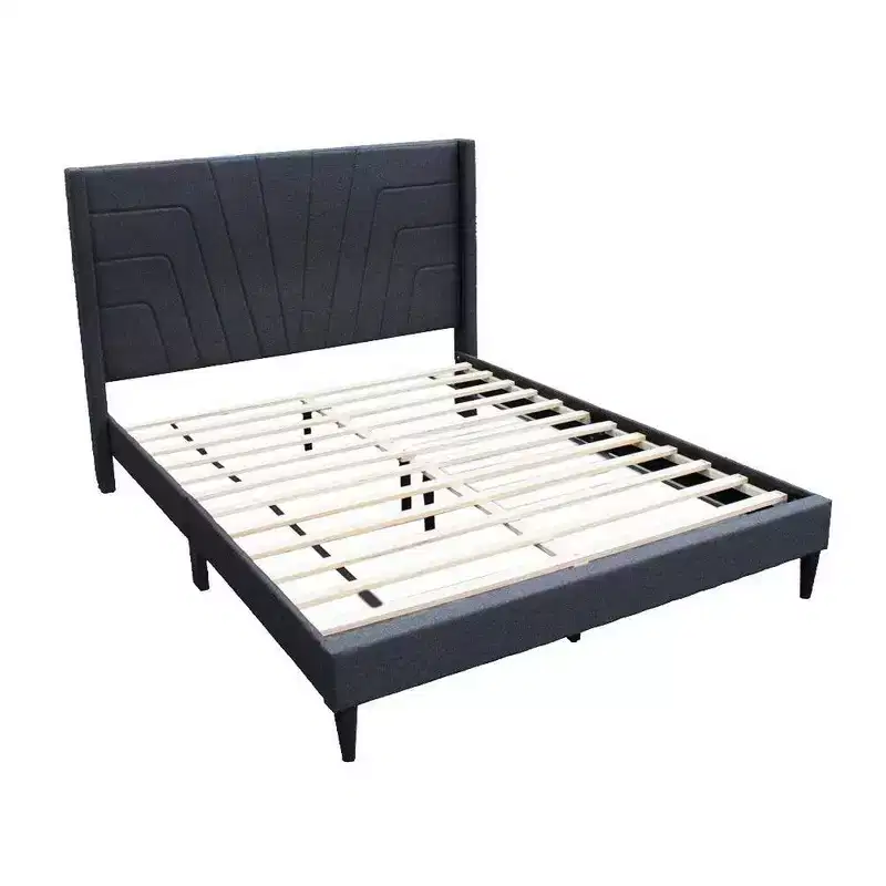 Royal Hampton Queen Size Bed with Tufted Headboard, Charcoal Burlap Upholstery, Wood