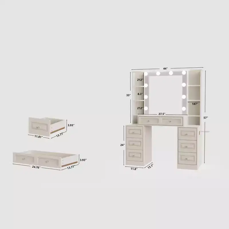 GDFStudio Fina Modern Mirror Vanity Table with Lights, Charging Station, 7 Drawers and Open Shelves