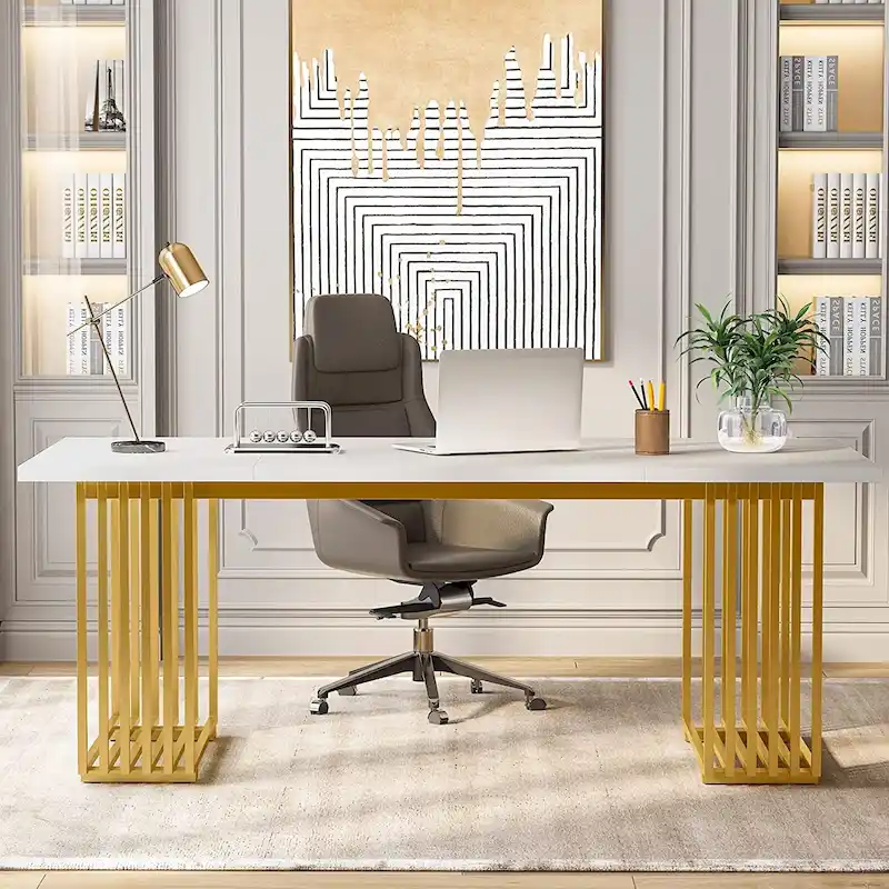 70.9 Modern Office Desk, White Executive Desk with Gold Metal Frame