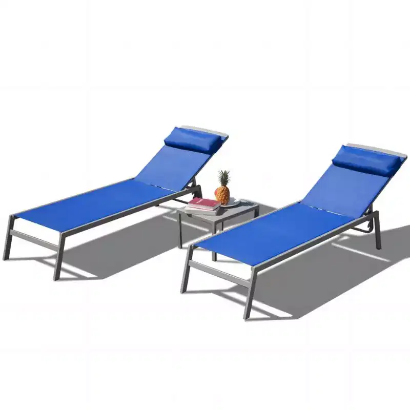 3-Piece Blue Aluminum Chaise Set, Adjustable, for Poolside & Patio