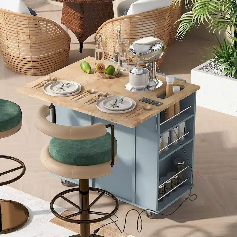 Kitchen Island Cart with Wheels ,Power Outlet, Drop Leaf, Wine Rack