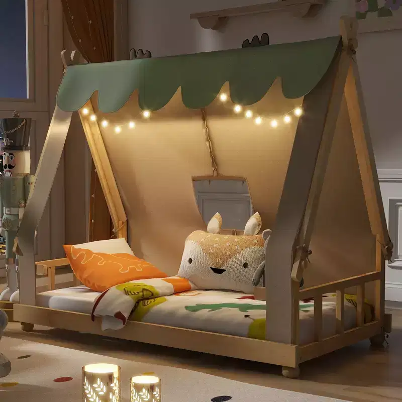 Twin/Full House-Shaped Floor Canopy Bed with Tent & Light Decor - Kids & Teens Platform Bed