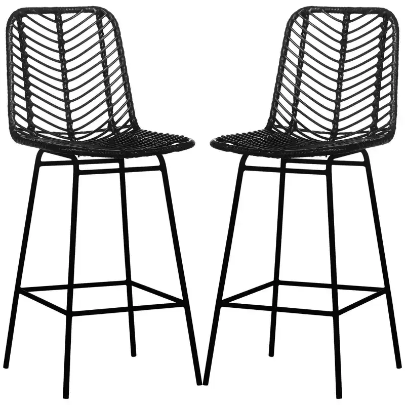 Rattan Counter Height Barstools Set of 2 Steel Frame Footrest 26