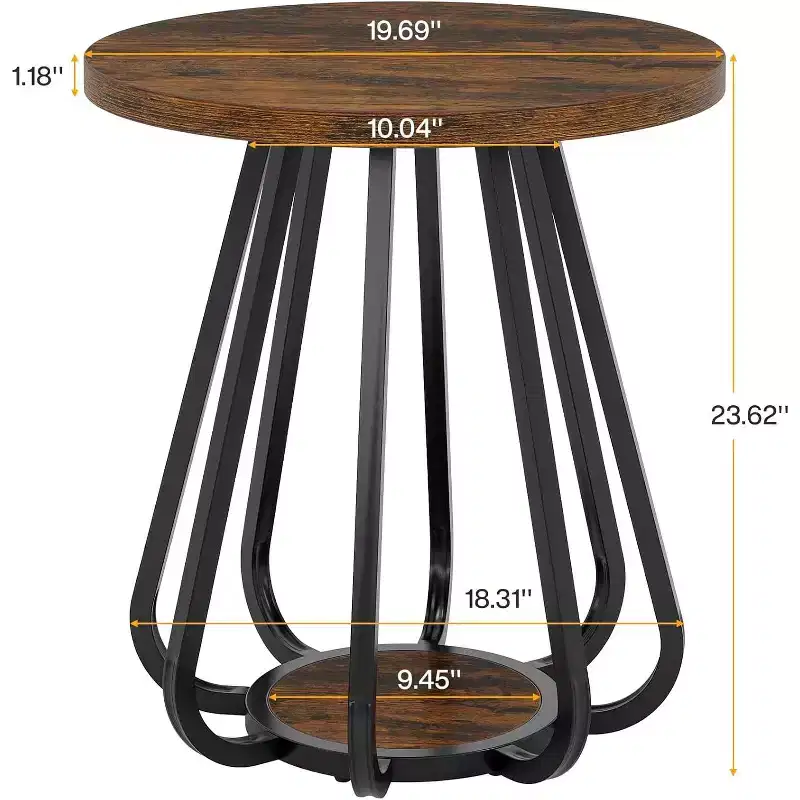 Lantine 2-Tier Small Round Side Table, with Metal Frame and Lower Shelf, End Table for Small Spaces, Living Room, Bedroom, Vintage Brown & Black