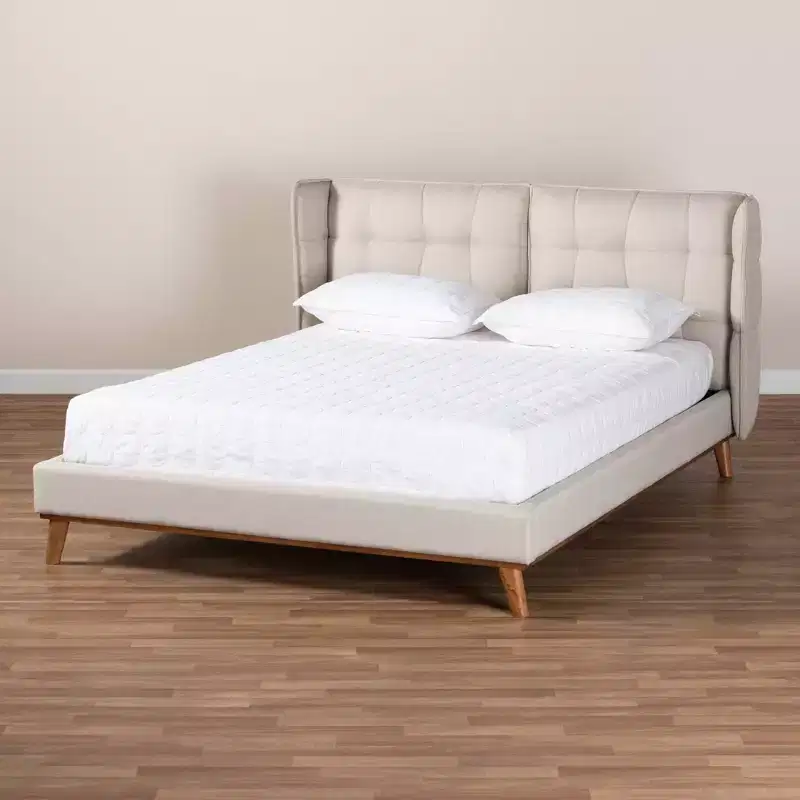 Fabric Upholstered Wood Platform Wingback Bed