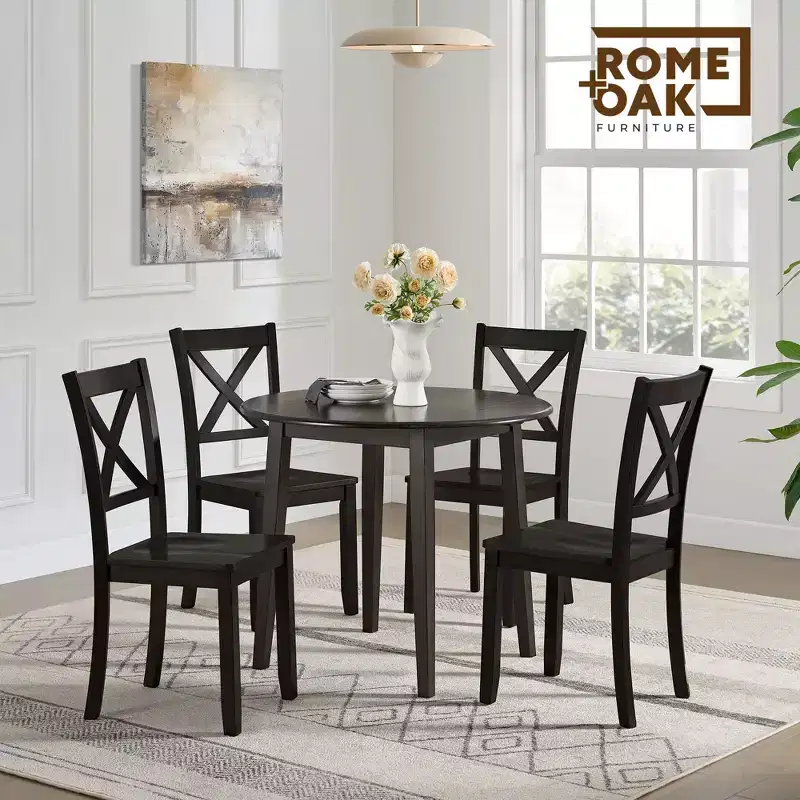 ROME + OAK Drop Leaf Table with Set of 2 X-Back Chairs, Wooden Dining Set, Brown