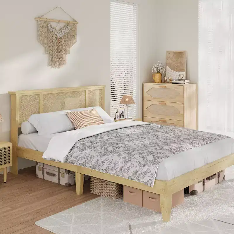 Wood Metal Rattan Headboard Platform Bed Frame with 11.8
