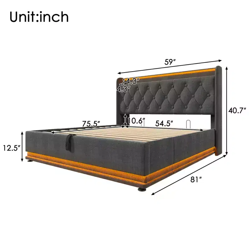 Full Upholstered Platform Bed with 360 Surround LED Function, USB Type-C Charging, Gray