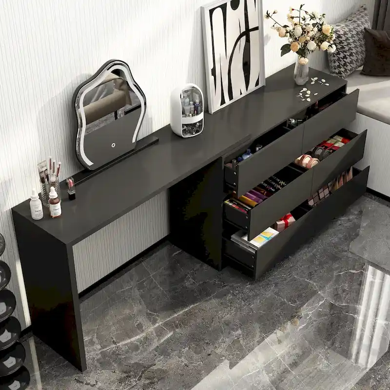 32.7H Rotating Dresser and Desk 6 Drawer Dresser Makeup Vanity White/Black