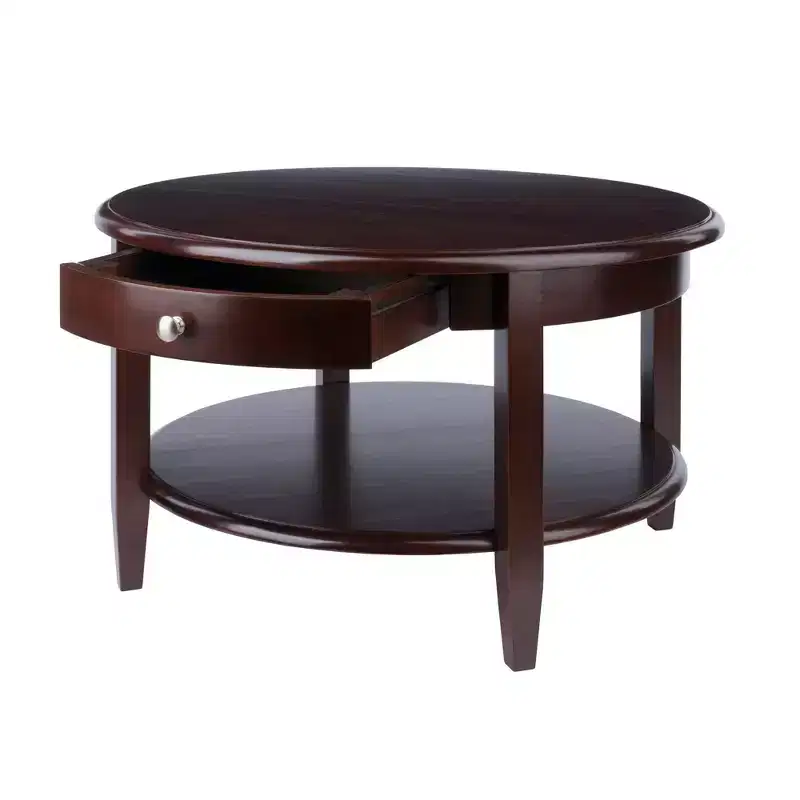 Concord Round Coffee Table with Drawer and Shelf - Antique Walnut - Winsome
