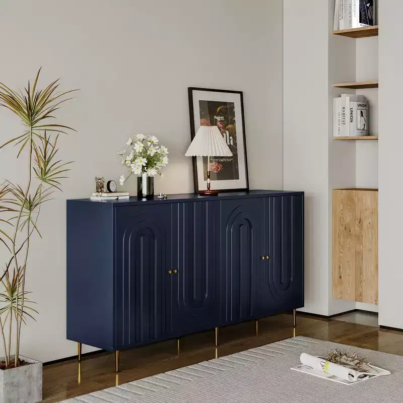 Modern Blue Lacquered 4 Door Wooden Cabinet Sideboard Buffet Server Cabinet Storage Cabinet
