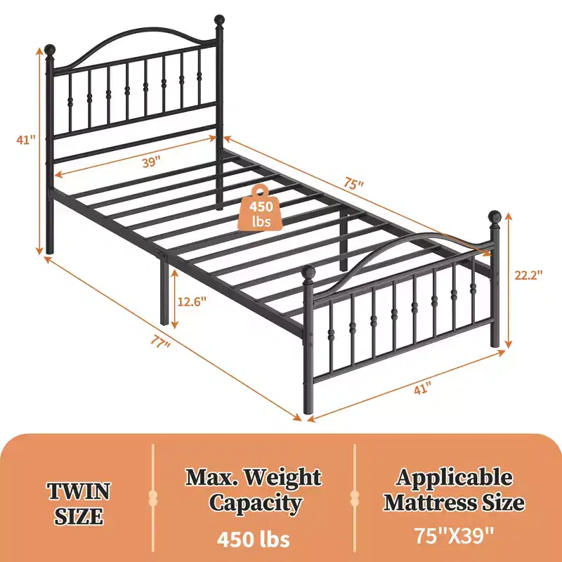 Adult Metal Platform Bed Frame Vintage Circular Headboard Footboard Noise Reducing Black