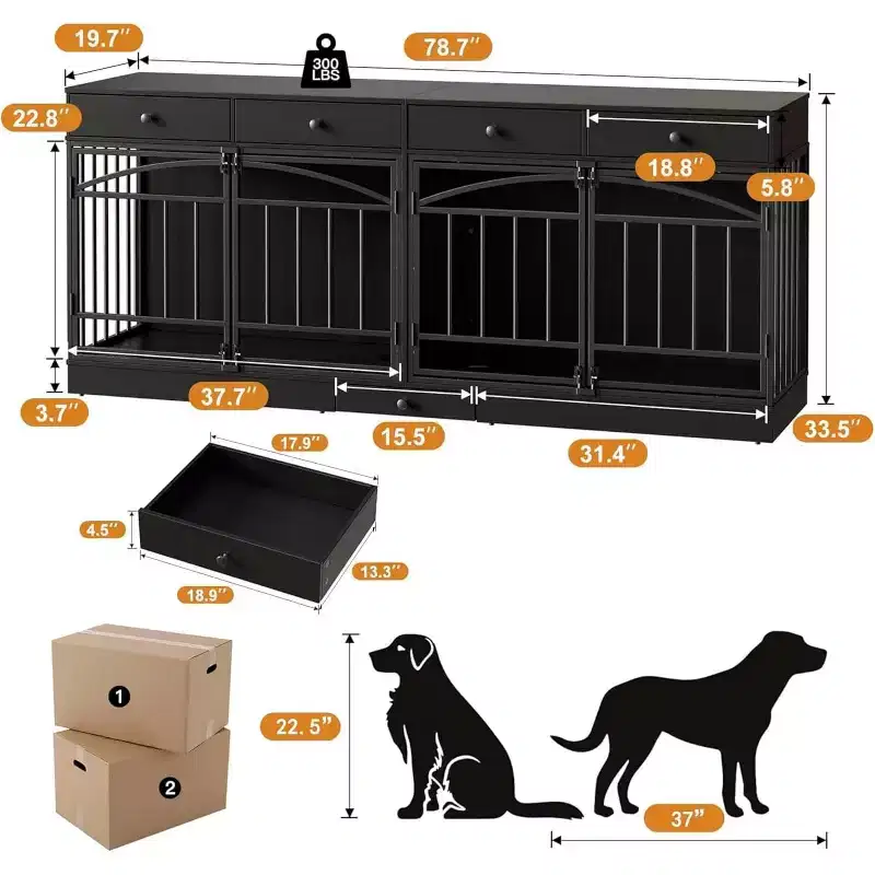 Multi-Functional Dog Crate Furniture, 4 Storage Drawers, Feeding Bowls, TV Stand Function, for Living Room