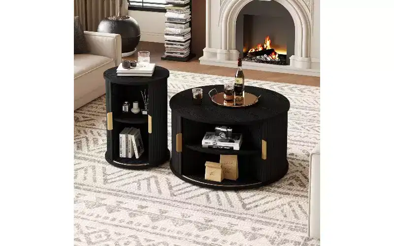 TUYOHW 2-Piece Wood-Grain Coffee Table Set, Fluted Tambour Door Storage Center Table, Round Fluted End Table,Tall & Low Side Table with Wooden Finish