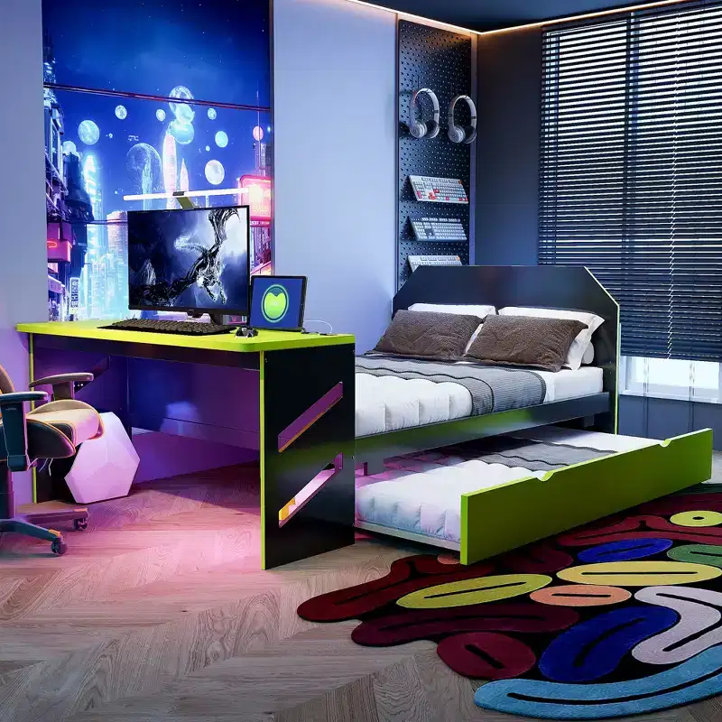 Full Size Daybed with Trundle, Gaming Bed with Desk and USB Port for Student Dorms Guest Rooms