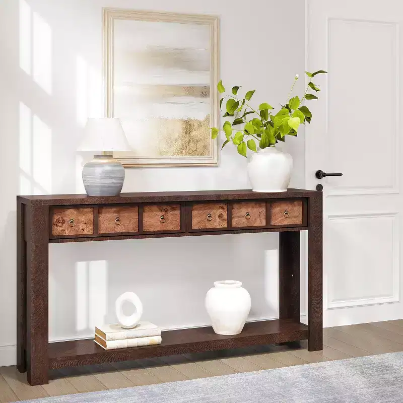59 Entryway Console Table, 2 Tier Narrow Long Sofa Table with 2 Drawers, Wooden Behind Couch Table, Entry Foyer Table for Living Room