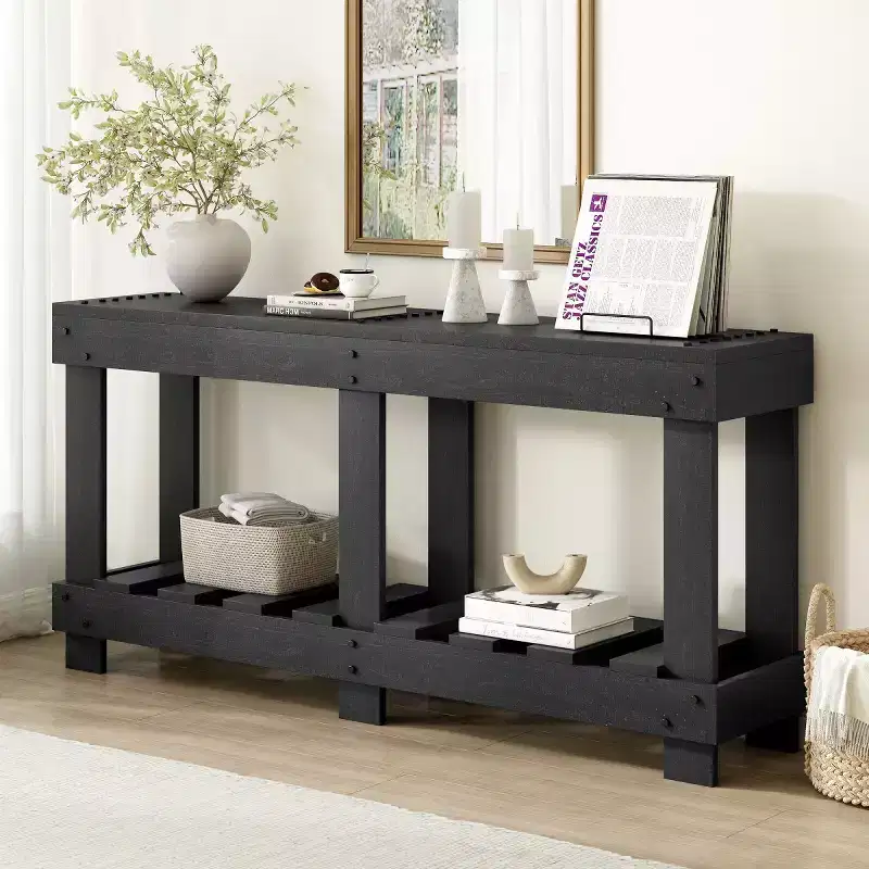 62.9 Farmhouse Entryway Console Table with Storage Shelf, Solid Fir Wood Hallway Table with Metal Rivet Accents for Living Room - Panipeachy