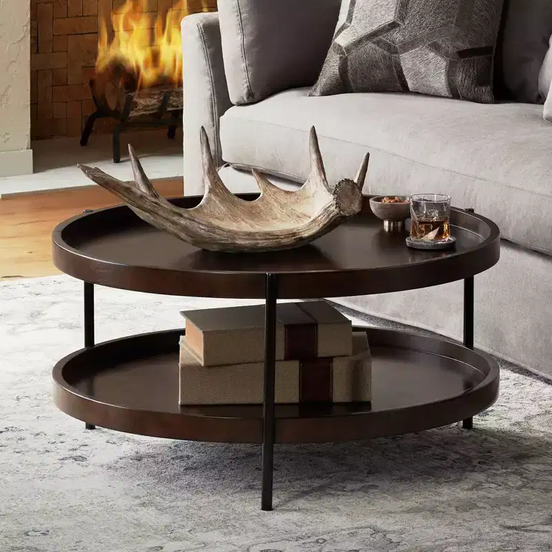 Modern Industrial Round Coffee Table 36 Wide with Lower Shelf, Dark Brown, for Living Room Bedroom Bedside