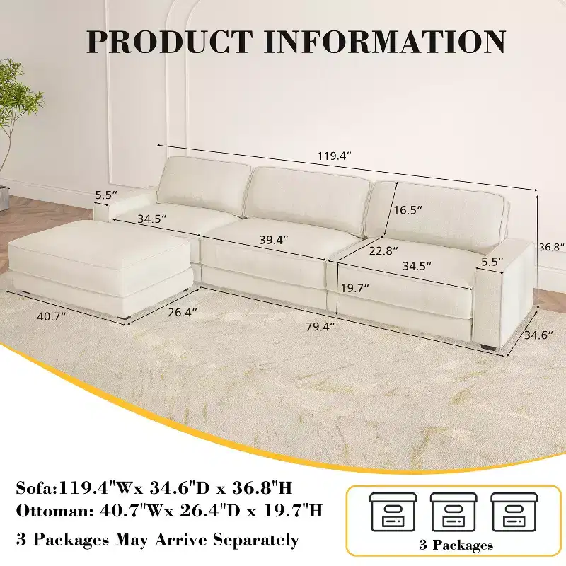Dyonery 120 Modular Sectional Sofa, Cloud Sectional Couch with Deep Seat, Modern Modular L-Shape Sofa Couch with Chaise.