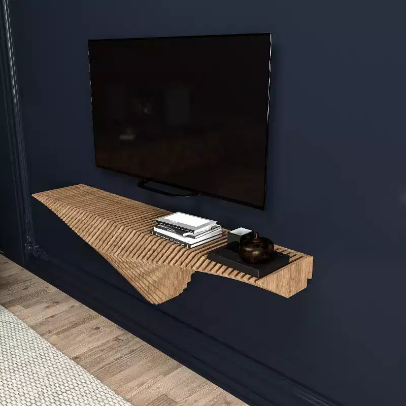 Parametric 50 inch Floating Shelf TV Unit Modern Geometric Wooden Wall Piece Decor Natural Oak Color 3D Wavy Living and Gaming Room Shelf