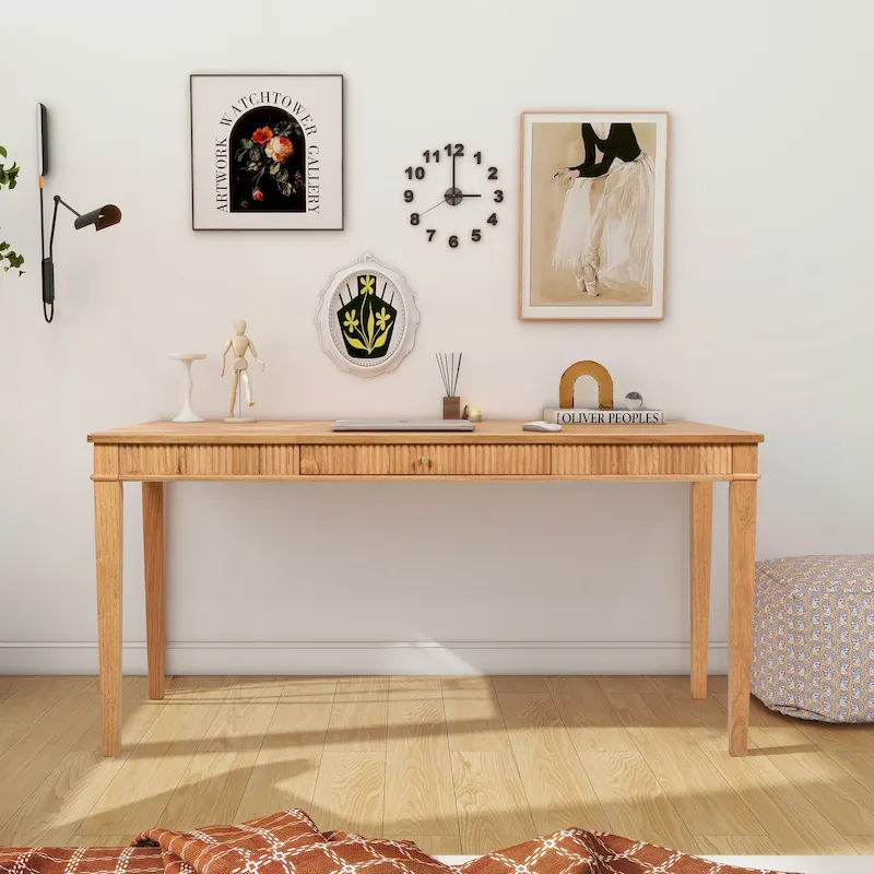 Natural Blonde Fluted Rubberwood Writing Desk with 1 Drawer and Gold Pulls for 1 Person