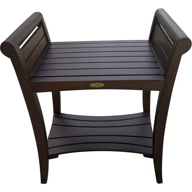 Rectangular Teak Shower Bench with Shelf & Handles, Swooped Arms, Brown Finish, 24x15x30