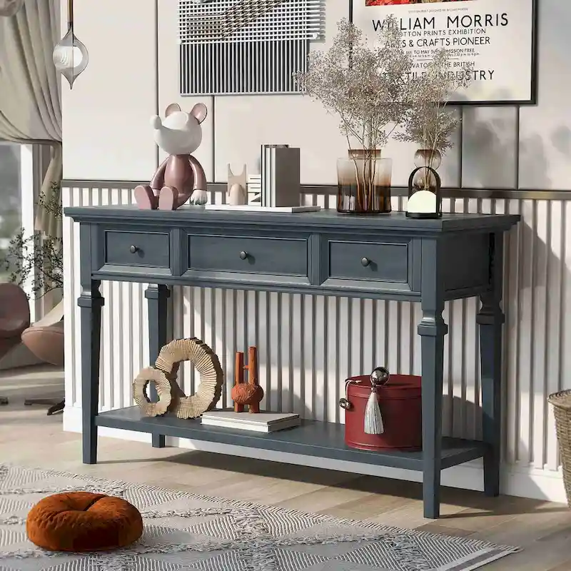 Retro Style Console Table with 3 Drawers and Open Bottom Shelf - Gray Wash