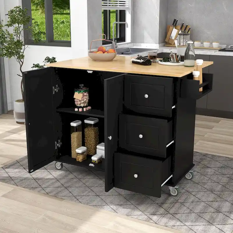Rolling Kitchen Island with Drop Leaf, Solid Wood Top and Storage Cabinet, 52.7 Inch Width