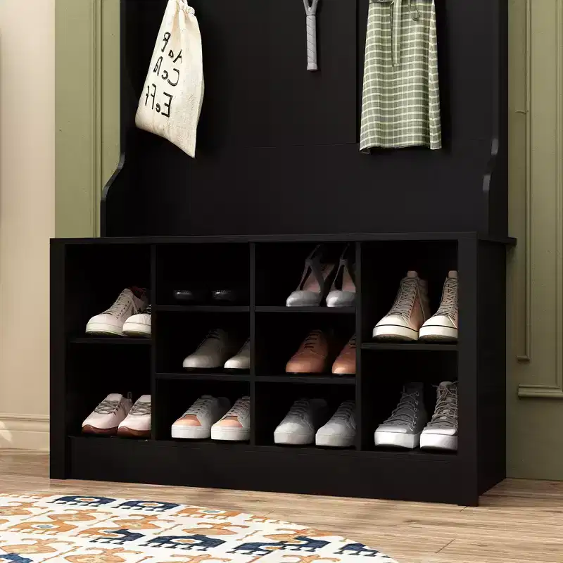 Famapy Wood 3-in-1 Hall Tree Bench with Double Hooks and Shelves