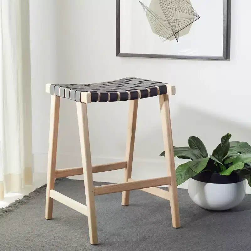 Rectangle Counter Stool with Woven Leather Seat and Wood Frame